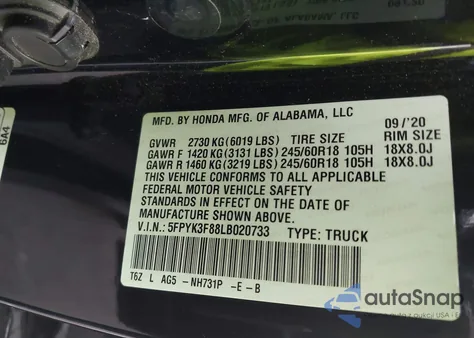 2020 Honda Ridgeline Black Edition z USA, uszkodzony, nr VIN 5FPYK3F88LB020733